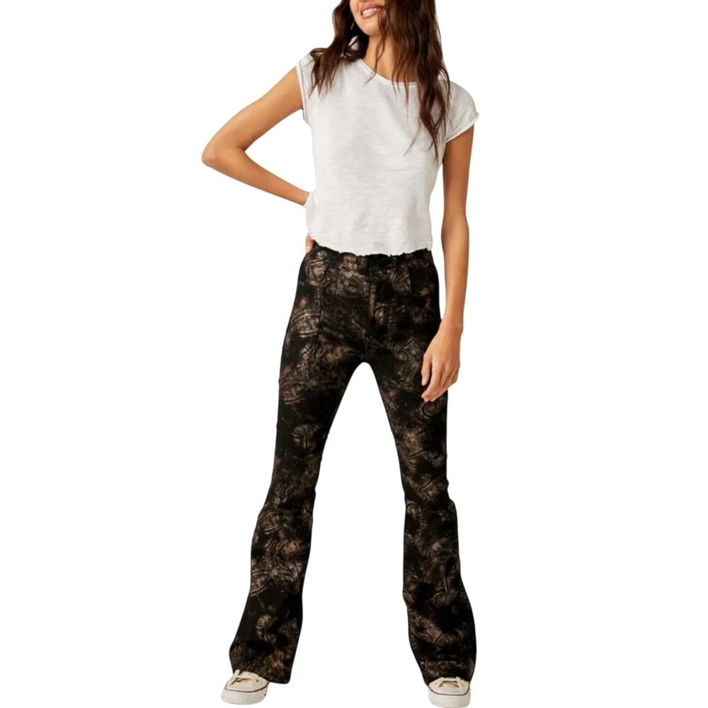 Free People Jayde Metallic Flare Paisley Black Jeans Size 25